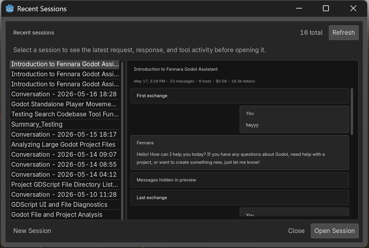 History window showing recent sessions, preview details, and the Open Session button