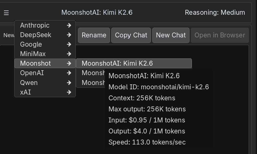 Model picker showing provider groups, model rows, and hover details